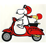 Red " SNOOPY ON VESPA " sticker on the left for VESPA APE LAMBRETTA etc. .................