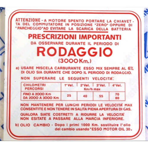 Adesivo norme rodaggio rosso 4 marce VESPA miscela 6% originale PIAGGIO r.o. 610292M