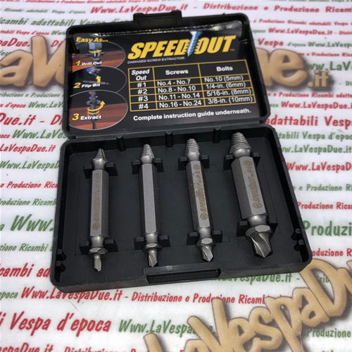 Serie set di 4 estrattori svitatore per viti e bulloni spanate da 5 mm a 10  mm ideale per l'estarzione di viti e bulloni spezzati o con testa sgranata