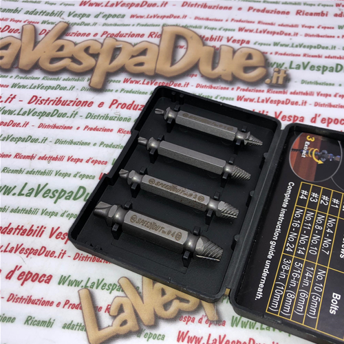 Serie set di 4 estrattori svitatore per viti e bulloni spanate da 5 mm a 10  mm ideale per l'estarzione di viti e bulloni spezzati o con testa sgranata