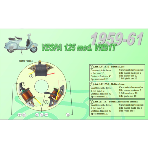 Kit Completo 3 Bobinas Ceab para Restauración y Revisión del Volante Estator Plano para VESPA 125 VNB1T de 1959 a 1961