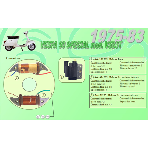Kit Completo 2 Bobinas Ceab para Restauración y Revisión del Volante Estator Plano para VESPA 50 SPECIAL V5B3T de 1975 a 1983