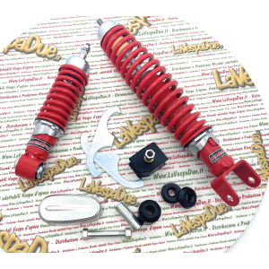 Sport-Tuning-Kit aus CARBONE Stoßdämpfern vorne und hinten rot verstärkt und einstellbar für VESPA 50 90 125 ET3 PK NLR SPECIAL PRIMAVERA