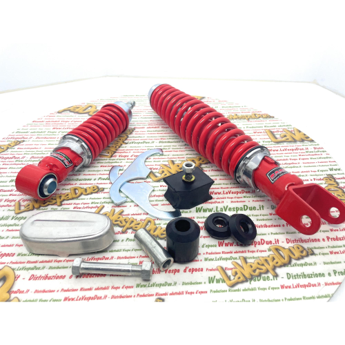 Sport-Tuning-Kit aus CARBONE Stoßdämpfern vorne und hinten rot verstärkt und einstellbar für VESPA 50 90 125 ET3 PK NLR SPECIAL PRIMAVERA