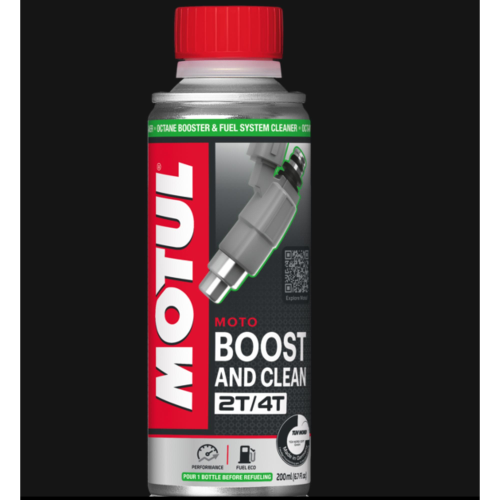 MOTUL BOOST AND CLEAN MOTO additivo elevatore di ottani benzina per motori  2 e 4 tempi Pulisce e lubrifica l'intero circuito di alimentazione 200 ml