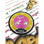 Scudetto Ø 53 mm resinato su base alluminio emblema logo Vintage in alluminio VESPA TECNICA 1946 giallo e rosa da applicare su accessori VESPA con adesivo da incollare Ø 53 mm
