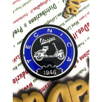 Scudetto Ø 53 mm resinato su base alluminio emblema logo Vintage in alluminio VESPA TECNICA 1946 blu e nero da applicare su accessori VESPA con adesivo da incollare Ø 53 mm
