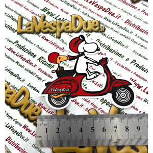 Adesivo pubblicitario SNOOPY e WOODSTOCK in VESPA che guarda a destra per VESPA APE LAMBRETTA ape vespa vintage 