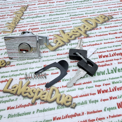 Serratura per bauletto cromata completa per VESPA PX 125 150 200 ARCOBALENO freno a disco completa di molla e piastrina r.o. 198560