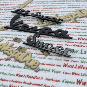 Set kit 3 scritte targhette blu notte per VESPA 125 SUPER VNC1T in alluminio anodizzato anteriore e posteriore prodotto italiano 