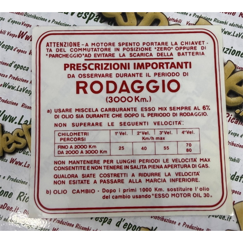 Adesivo norme rodaggio rosso 4 marce VESPA miscela 6% originale PIAGGIO r.o. 610292M