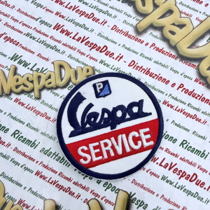 Toppa ricamata VESPA SERVICE insegna in miniatura r.o. 610060M001 diametro circa 76 mm da applicare su giacche maglie o accessori