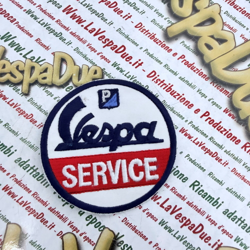 Toppa ricamata VESPA SERVICE insegna in miniatura r.o. 610060M001 diametro circa 76 mm da applicare su giacche maglie o accessori