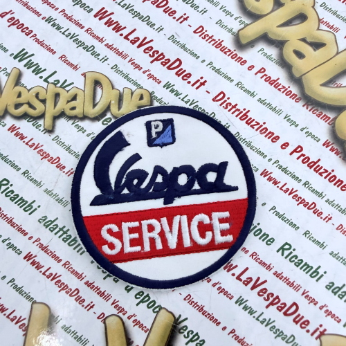 Toppa ricamata VESPA SERVICE insegna in miniatura r.o. 610060M001 diametro circa 76 mm da applicare su giacche maglie o accessori
