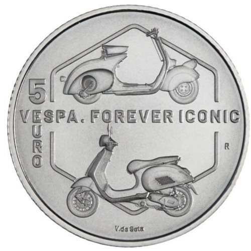 Moneta 5 euro in Argento 925‰ 80° Anniversario della VESPA serie limitata in 5.000 pz Moneta da collezione in argento VESPA 98 del 1946 in alto e VESPA PRIMAVERA FOREVER ICONIC autore V.de Seta