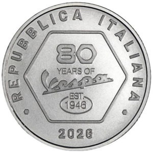 Moneta 5 euro in Argento 925‰ 80° Anniversario della VESPA serie limitata in 5.000 pz Moneta da collezione in argento VESPA 98 del 1946 in alto e VESPA PRIMAVERA FOREVER ICONIC autore V.de Seta