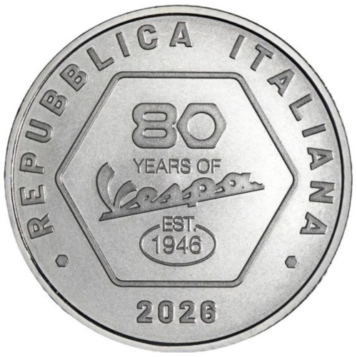Moneta 5 euro in Argento 925‰ 80° Anniversario della VESPA serie limitata in 5.000 pz Moneta da collezione in argento VESPA 98 del 1946 in alto e VESPA PRIMAVERA FOREVER ICONIC autore V.de Seta