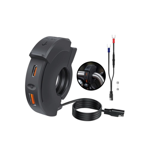 Caricabatteria da manubrio da 20 a 23 mm presa doppia porta USB e USB-C universale 12 24 Volt con coperchio di protezione VESPA APE LAMBRETTA  PD 30W e QC 18W auto moto scooter barche camion 