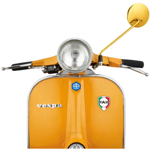 Rétroviseur extérieur gauche FAR doré des années 60/70 pour Vespa 50, 125, 150, 180 et 200, complet avec son support.