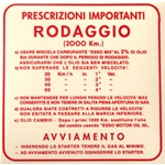 Autocollant rouge de réglementation de rodage pour VESPA 125 VNB 150 VBB 4 vitesses à 2% - 139 X 139 mm.