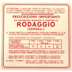 Autocollant de rodage rouge pour VESPA 150 GS 4 vitesses Mélange 6% - 135 X 130 mm.
