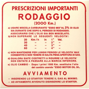 Red Running-in Regulations Sticker for VESPA 125 VNB 150 VBB 4 Gears at 2% - 139 X 139 mm.