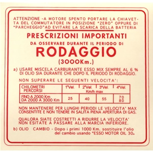 Pegatina roja de rodaje para VESPA 150 GS 4 marchas, mezcla 6% - 135 x 130 mm.