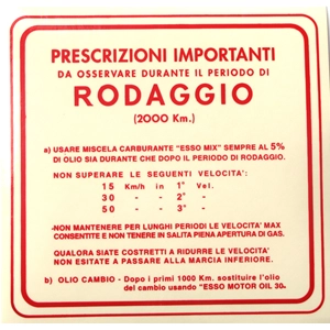 Roter Einfahrvorschriften-Aufkleber für VESPA 3-Gang 5% Gemisch - 147 x 144 mm.