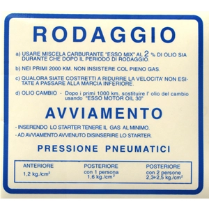 Blue Running-in Regulations Sticker 2% 1.2 Kg for VESPA 50 90 SS V5SS V9SS - 120 X 109 mm.