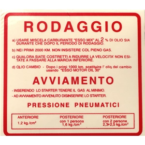 Roter Einfahrstandards-Aufkleber 2% 1,2 KG für VESPA 50 90 V5SS 90 V9SS - 120 x 109 mm.