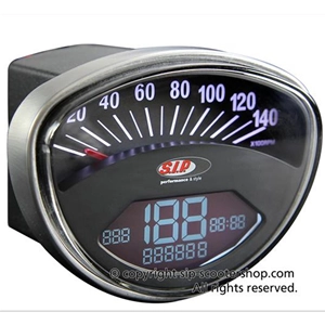 SIP 50000630 2.0 Velocímetro Tacómetro para VESPA 50 90 125 150 200 SS ET3 GTR TS SUPER SPRINT VELOCE RALLY Esfera negra Números blancos 20 funciones Digital Analógico