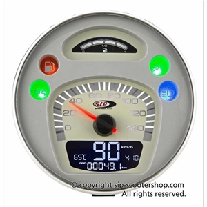 Compteur de vitesse/compte-tours SIP 50001420 2.0 pour Vespa 80, 125, 150, 200 PX, E, Arcobaleno, Lusso (année-modèle 1998), également adaptable pour GTV et GT60. Cadran beige, chiffres noirs, boîtier en acier inoxydable, 24 fonctions, affichage numérique