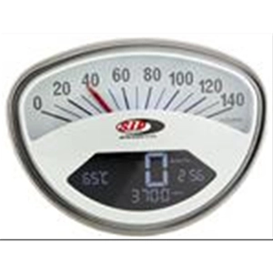 SIP 50001620 2.0 Speedometer Tachometer for VESPA 50 90 125 150 200 SS ET3 GTR TS SUPER SPRINT VELOCE RALLY white dial black numbers stainless steel frame 20 functions digital analog
