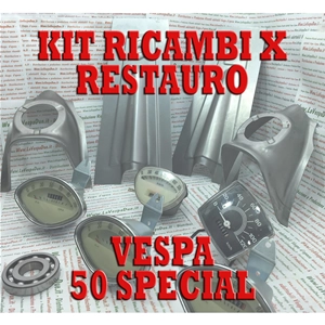 KIT DE REPUESTOS COMPLETO PARA LA RESTAURACIÓN DE UNA VESPA 50 SPECIAL DE 4 VELOCIDADES, CON SISTEMA ELÉCTRICO INCLUIDO.
