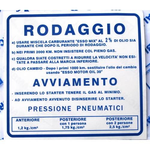Autocollant bleu « Règles » pour Vespa 180 Rally VSD 2 % Original