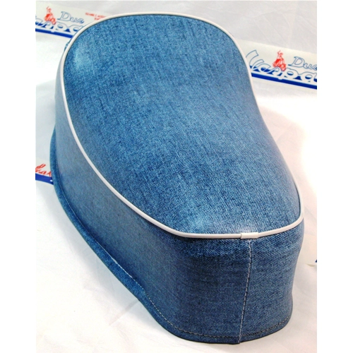 Asiento con joroba en color azul vaquero con ribete blanco para VESPA 50 NLR SPECIAL
