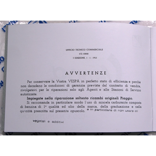 Manuel d'utilisation et d'entretien pour VESPA 125 U VU1T UTILITARIA année 1953 ro 610038M
