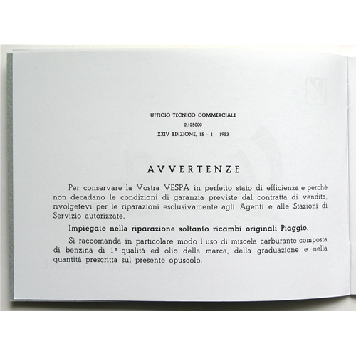 Manuel d'utilisation et d'entretien pour VESPA 125 VM1T VM2T FARO BASSO année 1953 ro 610037M