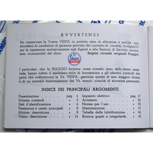 Manuel d'utilisation et d'entretien pour VESPA 125 VNB4T de 1962 à 1963 ro 610182M
