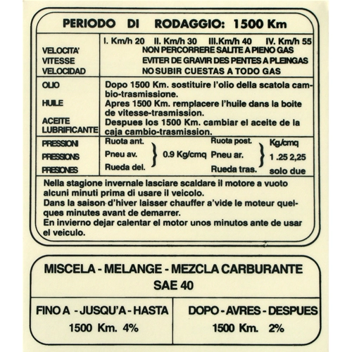 Autocollant des règles de rodage pour LAMBRETTA 4 vitesses 55 km/h - 110 x 148 mm.