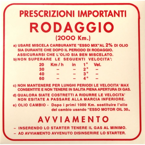 Red Running-in Regulations Sticker for VESPA 125 VNB 150 VBB 4 Gears at 2% - 139 X 139 mm.