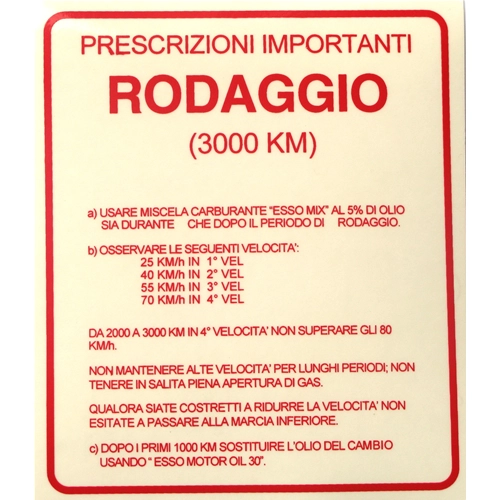 Autocollant rouge de réglementation de rodage pour VESPA GS 160 SS 180 5% Mélange - 120 X 140 mm.