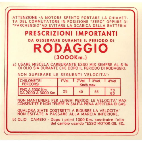Pegatina roja de rodaje para VESPA 150 GS 4 marchas, mezcla 6% - 135 x 130 mm.