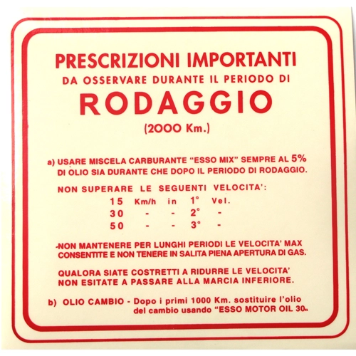 Roter Einfahrvorschriften-Aufkleber für VESPA 3-Gang 5% Gemisch - 147 x 144 mm.