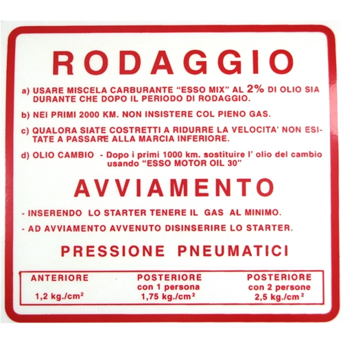 Autocollant rouge de réglementation de rodage pour VESPA 180 RALLY VSD 2% - 127 X 115 mm.