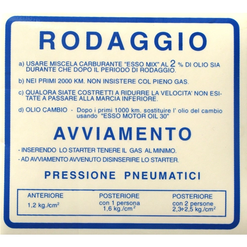 Blue Running-in Regulations Sticker 2% 1.2 Kg for VESPA 50 90 SS V5SS V9SS - 120 X 109 mm.