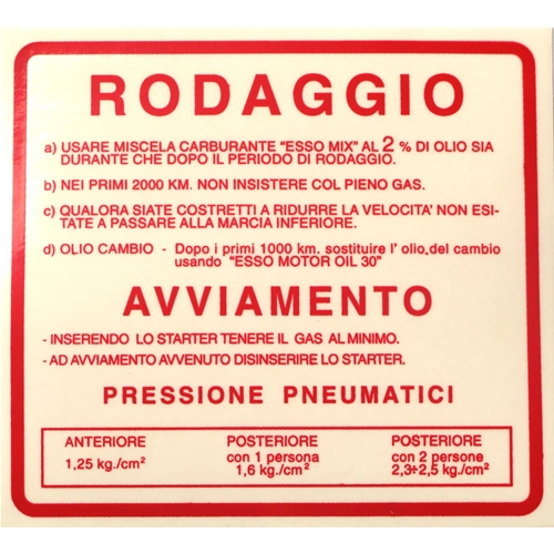 Adesivo Norme Rodaggio Rosso 2% 1,25 KG per VESPA 50 90 V5SS 90 V9SS - 120 X 109 mm.