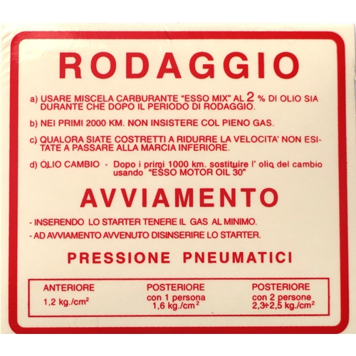 Roter Einfahrstandards-Aufkleber 2% 1,2 KG für VESPA 50 90 V5SS 90 V9SS - 120 x 109 mm.