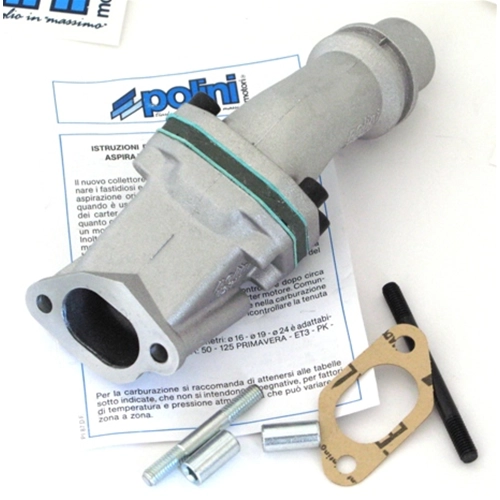 Colector de admisión de láminas simple POLINI 215.0202 para carburador de 24 mm para VESPA 50 90 125 PK XL HP con conexión al cárter de 2 orificios.