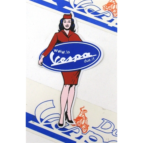 Pegatina publicitaria vintage de VESPA APE LAMBRETTA PIN-UP con letrero